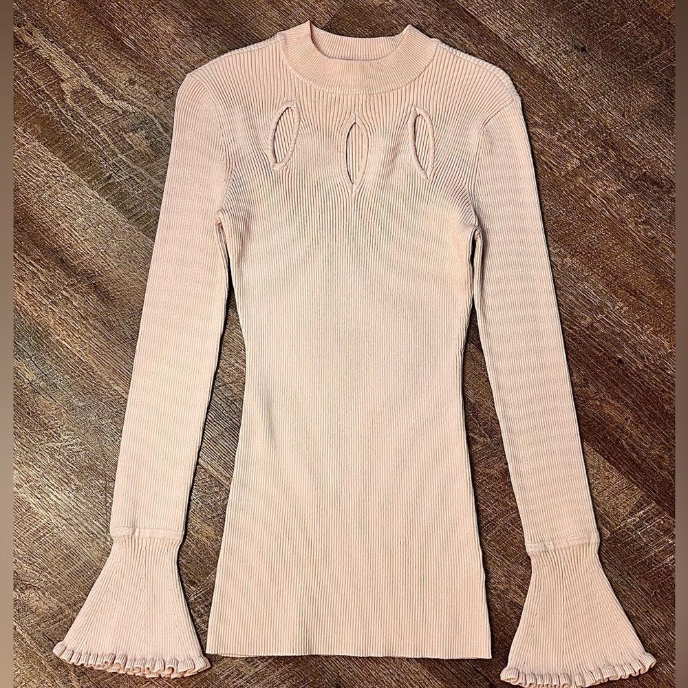 Candie’s Blush Pink Ribbed Keyhole Sweater M Bell Sleeve Knit Top - Picture 2 of 11